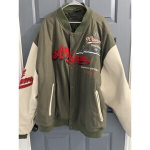 Al Wissam Men's Cream/Green Wool Leather Logo Bomber Jacket Size 6XL